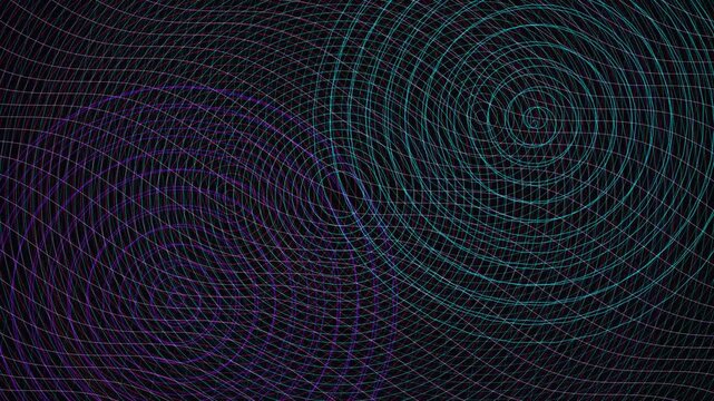 Abstract teal and purple circular moire interference pattern overlay on dark background