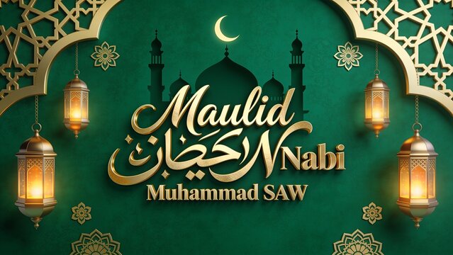 Maulid Greeting Banner Featuring Elegant Gold Calligraphy and Lanterns