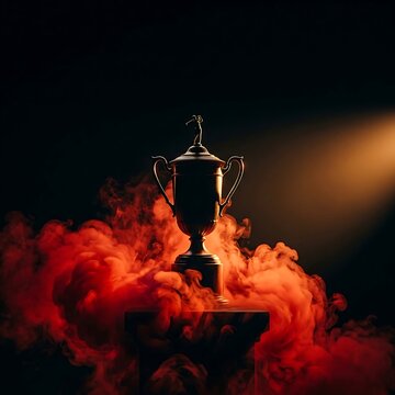 Golden trophy cup with dramatic red smoke and spotlight on dark background
