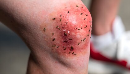 Fototapeta premium Knee abrasion from turf burn, fresh sports injury close up, anterior leg view for athletic trauma documentation