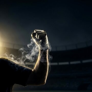 Athlete holding trophy with smoke and sunset light in stadium