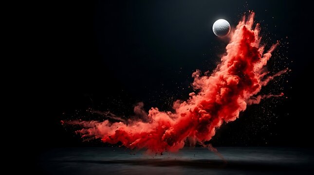 Soccer ball flying through vibrant red powder explosion in dramatic dark studio
