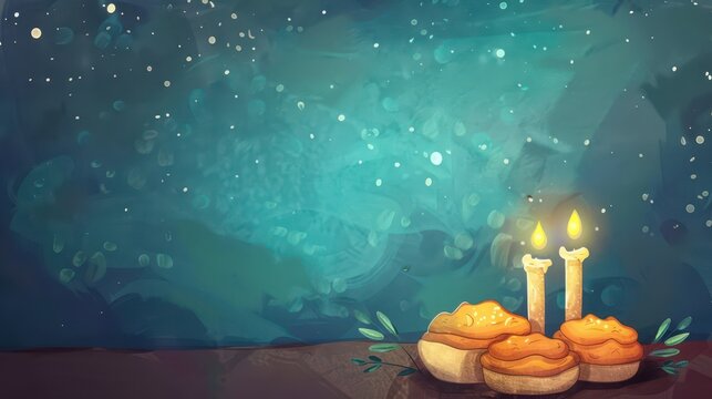 Soft watercolor night background with lit candles and challah for yom kippur prayer and holiday banner design