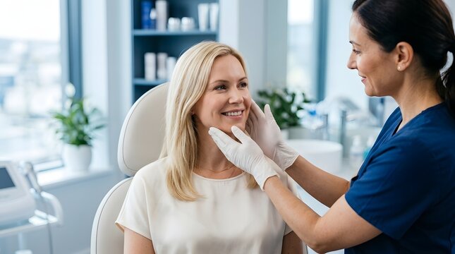 Cosmetic consultation doctor examining woman's face for potential facial rejuvenation procedures