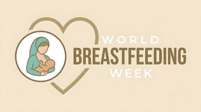 World Breastfeeding Week vector banner background, minimal flat illustration of a mother nursing her baby inside heart frame emblem for awareness campaign