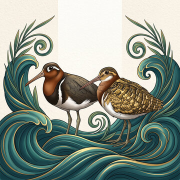 Elegant vintage-style illustration featuring two birds, decorative water waves, and golden reeds. Perfect for premium packaging, branding, and editorial design.