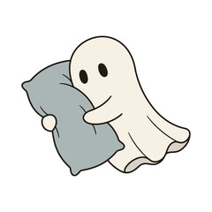 Fototapeta premium Cute cartoon ghost cuddling a pillow with soft charm.