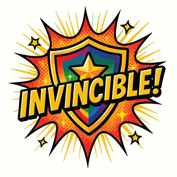 Retro Comic Style Invincible Quote Sticker with Shield and Star Pop Art Burst Design