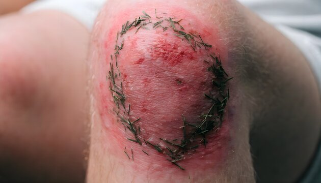 Skin abrasion on anterior knee, fresh superficial wound detail, clinical trauma and medical reference photography