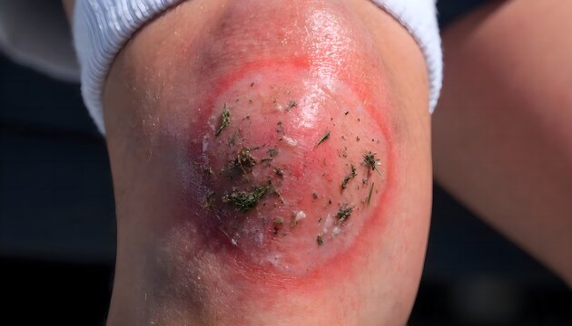 Fresh knee injury with skin abrasion, leg trauma and accident concept, medical healthcare reference photography
