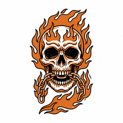 Fototapeta premium Flaming Skull Portrait with Fire and Chains.