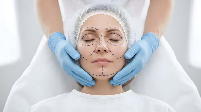 Facial rejuvenation planning surgeon marking guidelines for cosmetic procedures on a female patient