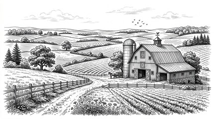 Fototapeta premium A classic farm landscape with a wooden barn and silo in the middle of rolling hills and fields in a hand drawn style