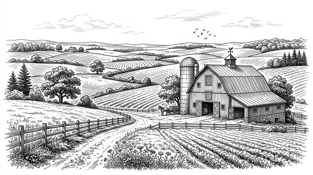 A classic farm landscape with a wooden barn and silo in the middle of rolling hills and fields in a hand drawn style