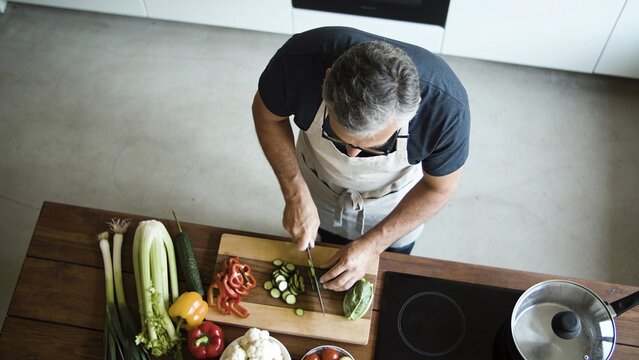 Man Chopping Fresh Vegetables for a Healthy Meal at Home Kitchen