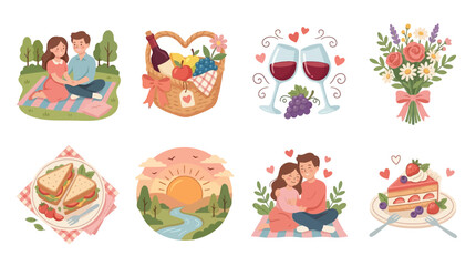 Obraz premium Romantic picnic scenes for couples featuring wine glasses and cake are depicted as a collection of flat digital illustrations illustrating love and leisure activities in a scenic natural environment.