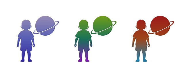 Colorful silhouettes of children with planets in space