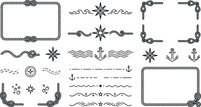 Nautical Rope Frame and Divider Set with Anchor, Compass, Wave, and Knot Border Elements for Marine Design