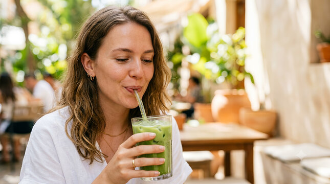 Woman drinking iced matcha latte at outdoor cafe