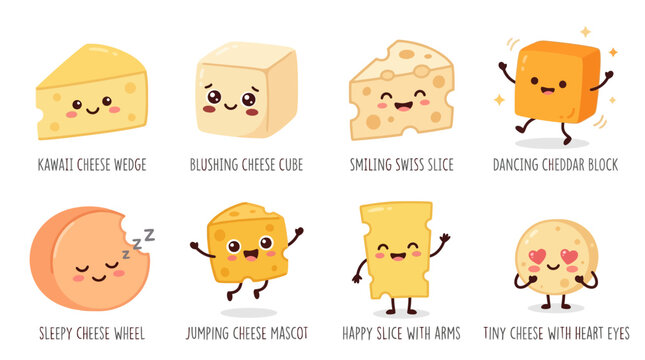 Cheese collection features various dairy products with cute expressive faces and animated limbs arranged as individual icons on a plain white background to create a playful and cheerful food graphic.