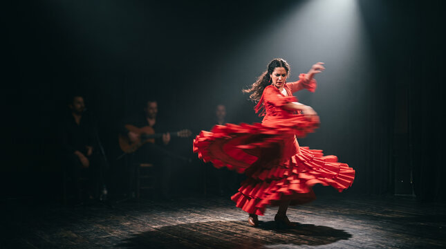 Flamenco dancer twirling in a red dress on a dark stage