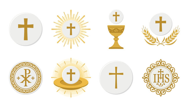Sacramental emblems featuring crosses, communion wafers, and golden monstrances illustrate key religious symbols used to represent the spiritual essence of christian liturgy and holy communion.