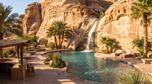 A beautiful desert oasis resort with a swimming pool and waterfall nestled between sandstone cliffs.
