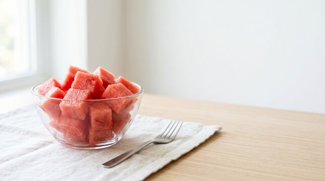 Watermelon Cubes in Glass Bowl on Bright Kitchen Table for National Watermelon Day Healthy Snack