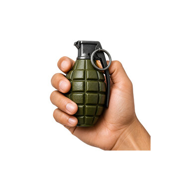 Hand holding military grenade isolated tactical explosive device with realistic army combat detail