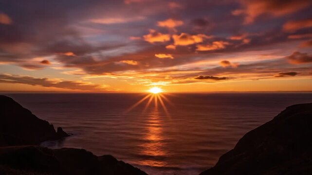 Golden sun sets over the calm ocean between two dark coastal cliffs