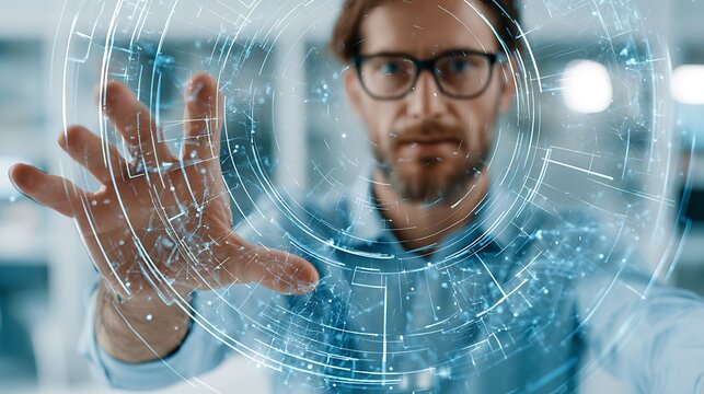Man interacting with futuristic holographic interface, data visualization, technology concept