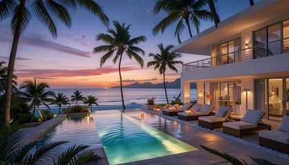 Fototapeta premium Luxurious modern villa terrace with an illuminated swimming pool, sun loungers, palm trees, and ocean view at sunset with a colorful dramatic sky.