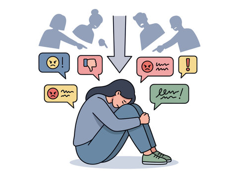 Cyberbullying victim huddled in distress surrounded by negative online comments and judgmental silhouettes