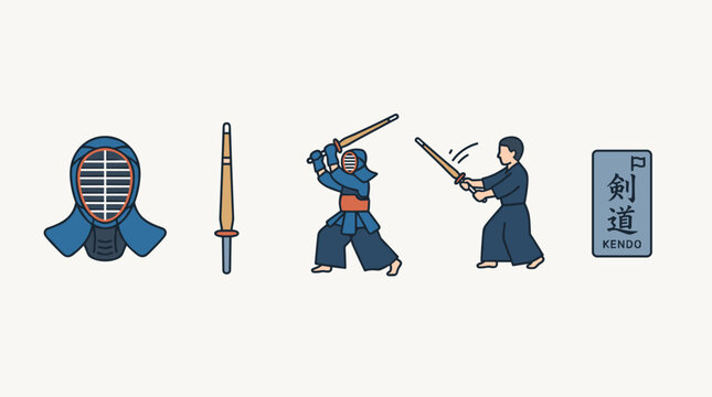 Kendo Martial Arts Icons with Samurai Armor and Swords