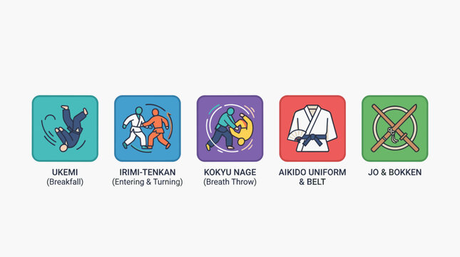 Aikido Martial Arts Techniques and Training Equipment Icons