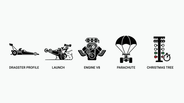 Drag Racing Icons Set with Car Engine and Parachute