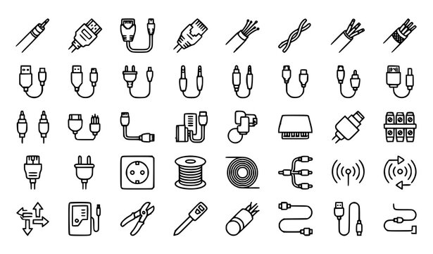 Network and Electrical Cable Editable Stroke Outline Icon Collection Featuring Ethernet HDMI USB and Fiber Optic Connections