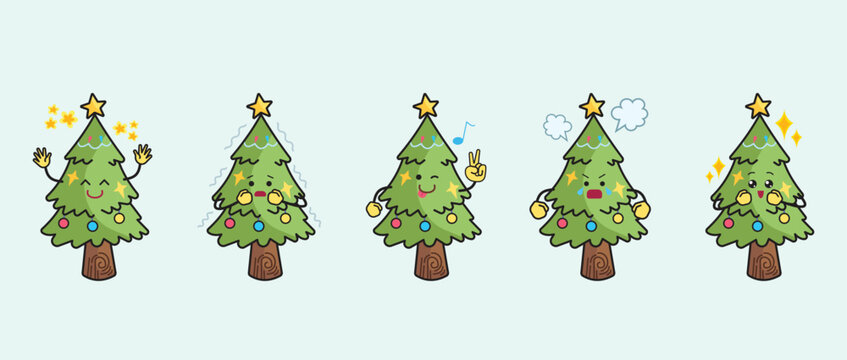 Christmas tree mascot characters with expression and pose colorful illustration set bundle drawing.