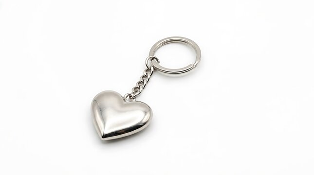 Shiny silver heart shaped keychain on white background.