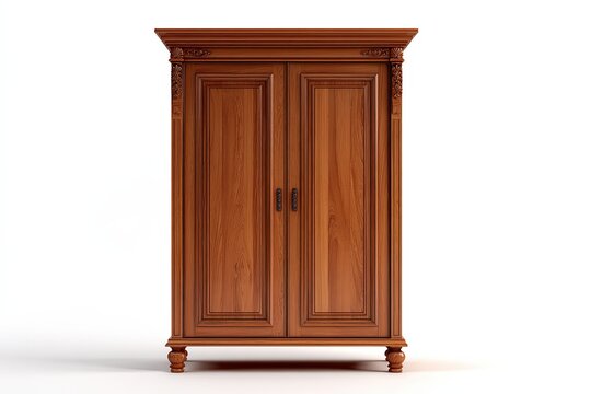 A classic wooden wardrobe with intricate detailing and double doors stands elegantly, showcasing timeless craftsmanship and storage potential.