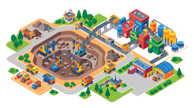 Isometric Open Pit Mine with Industrial Processing Plant and Storage Tanks Illustration