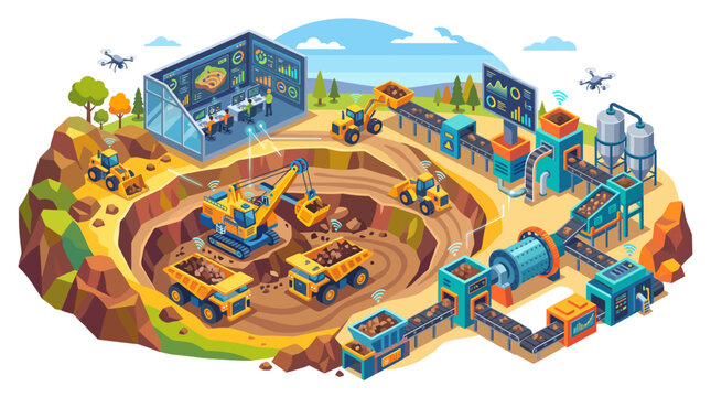 Isometric Open Pit Mine with Mountain Landscape and Mining Trucks Illustration