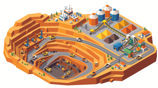 Isometric Open Pit Mine with Mining Trucks, Storage Tanks and Processing Plant