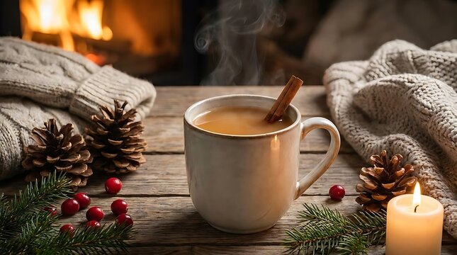 Steaming hot coffee mug with cinnamon by fireplace.