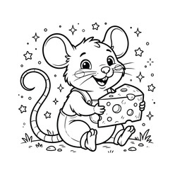 Cute cartoon mouse holding cheese, playful rodent vector illustration, simple outline drawing, happy animal character, black and white line art, for children's books and coloring pages