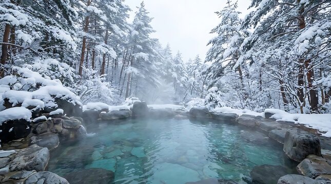 Steaming winter hot spring in forest