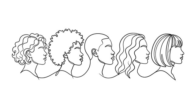 Diverse women profiles connected by a continuous line representing unity, equality, and female empowerment in a minimalist artistic style