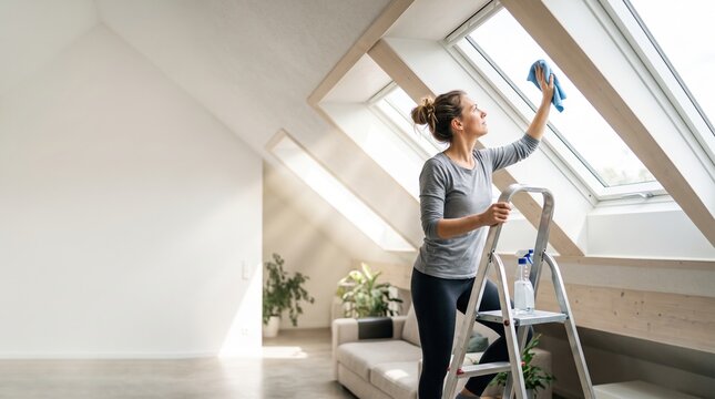 A woman standing on a ladder carefully cleaning a skylight window with a cloth in a bright, modern attic living space.