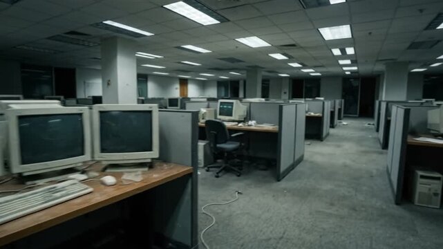Abandoned Office: An eerie and deserted office space, filled with dusty cubicles, old computer monitors, and scattered debris, evokes a sense of neglect and forgotten labor.