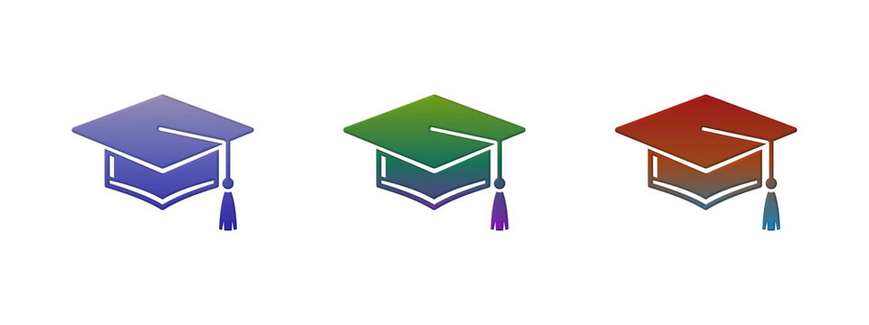 Three colorful graduation caps with tassels vector icons